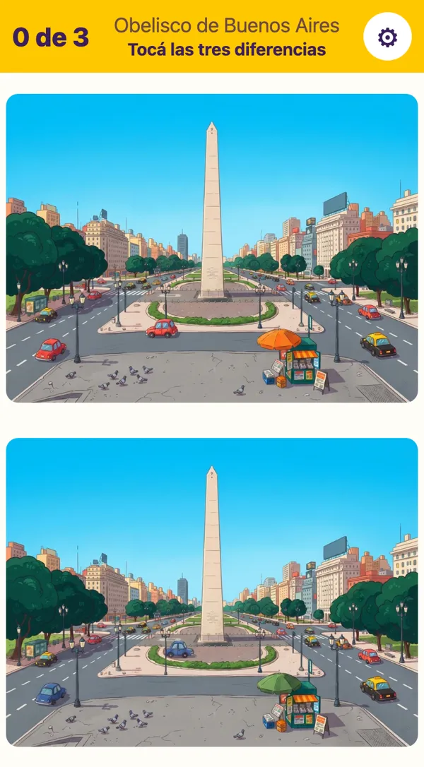 Dos dibujos casi iguales de un lugar famoso, uno arriba del otro, con el contador 0 de 3