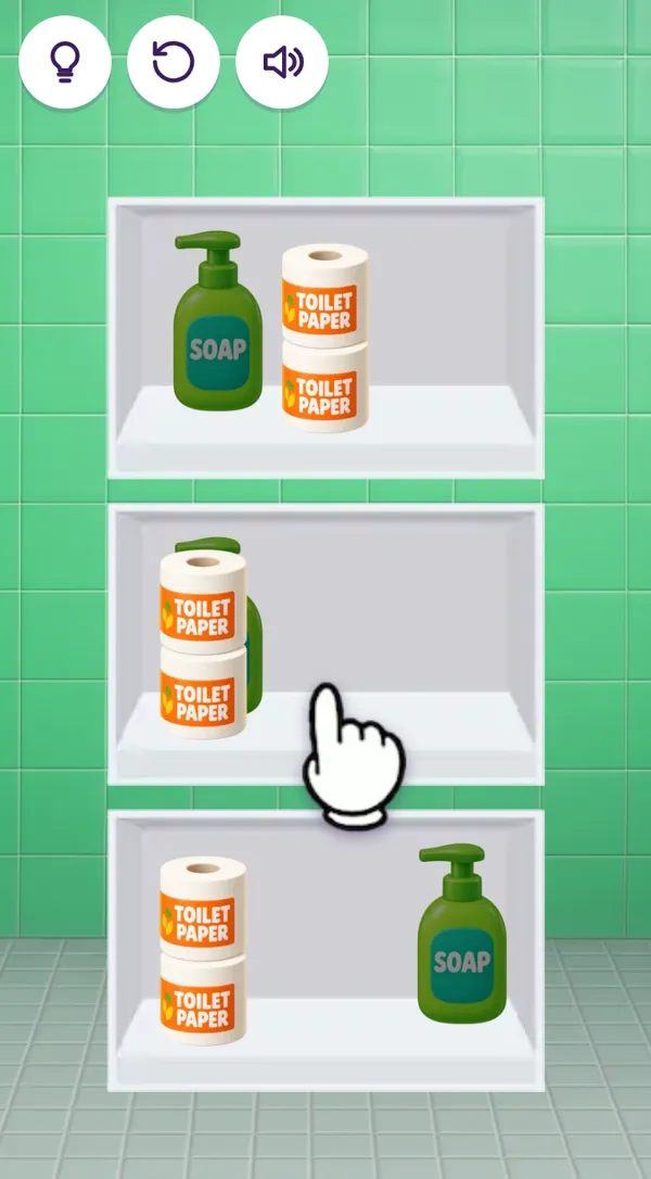 Tres estantes en un baño verde con jabones y rollos de papel higiénico y una mano que muestra cómo arrastrar
