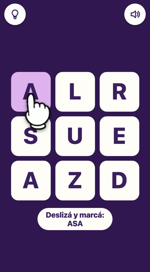 Cuadro de Filword de tres por tres con letras grandes y el mensaje Deslizá y marcá ASA